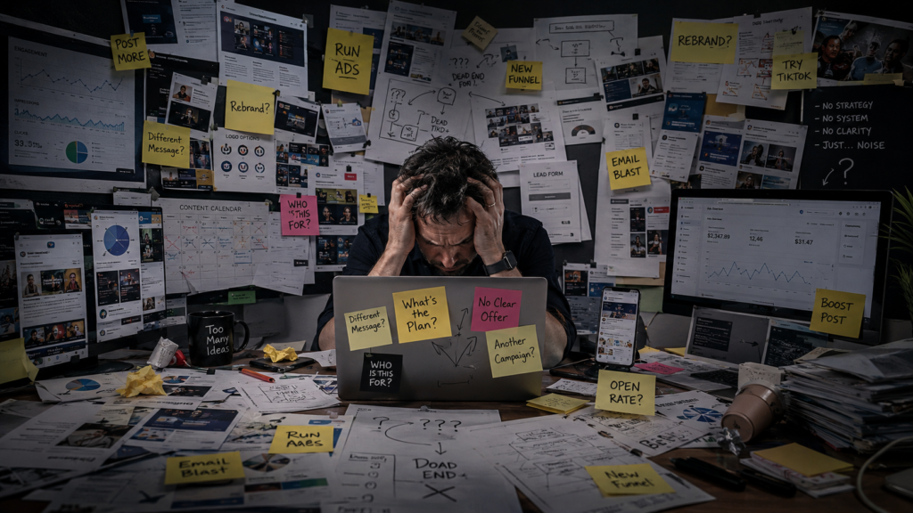frustrated and confused business owner trying to do too many things at once.